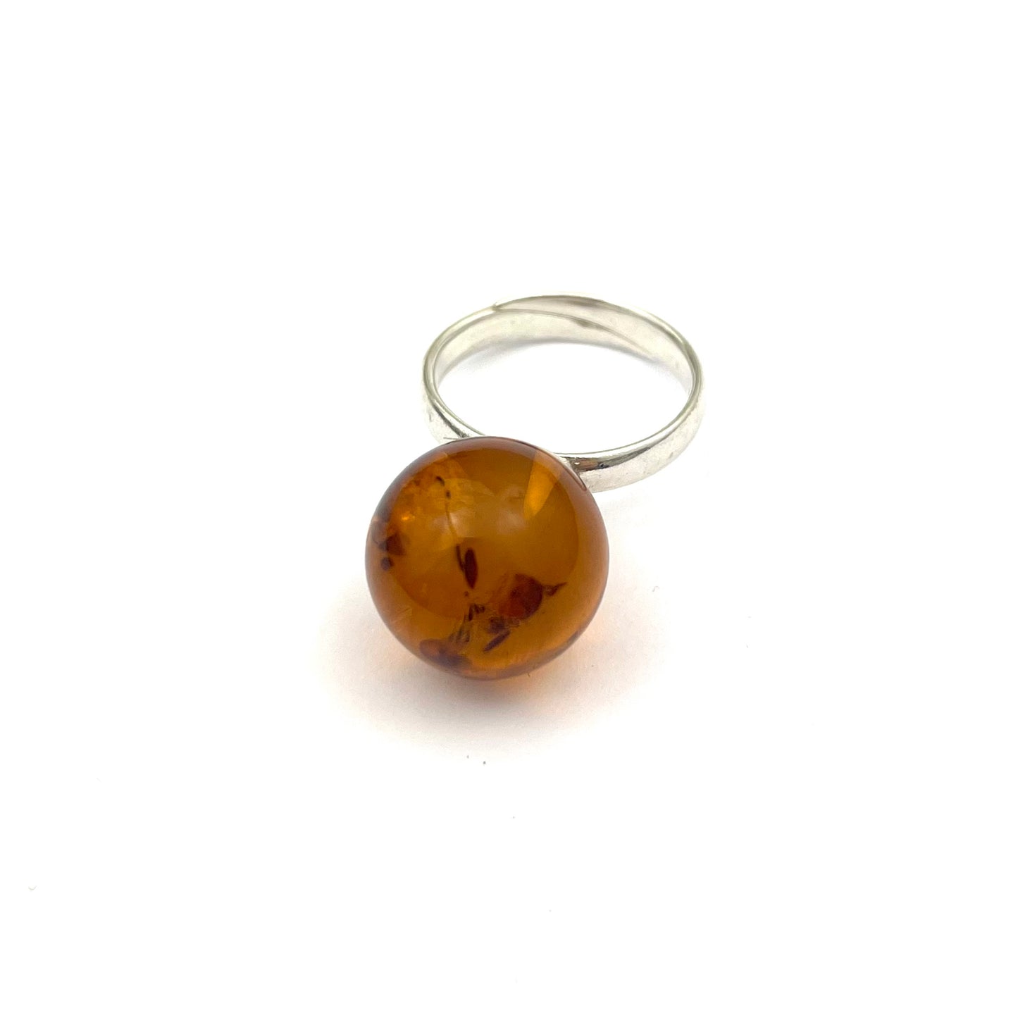 Polished Perfect Round Amber Stone Cognac Color Silver Ring