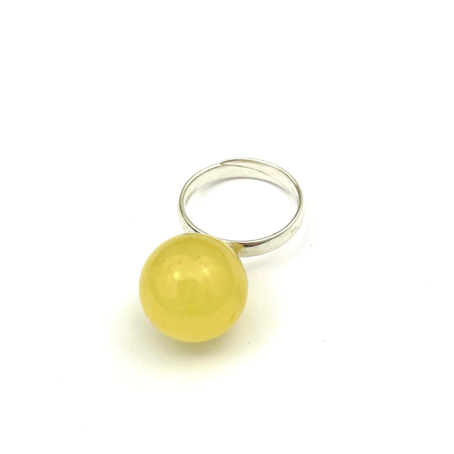 Polished Perfect Round Amber Stone Butter Color Silver Ring