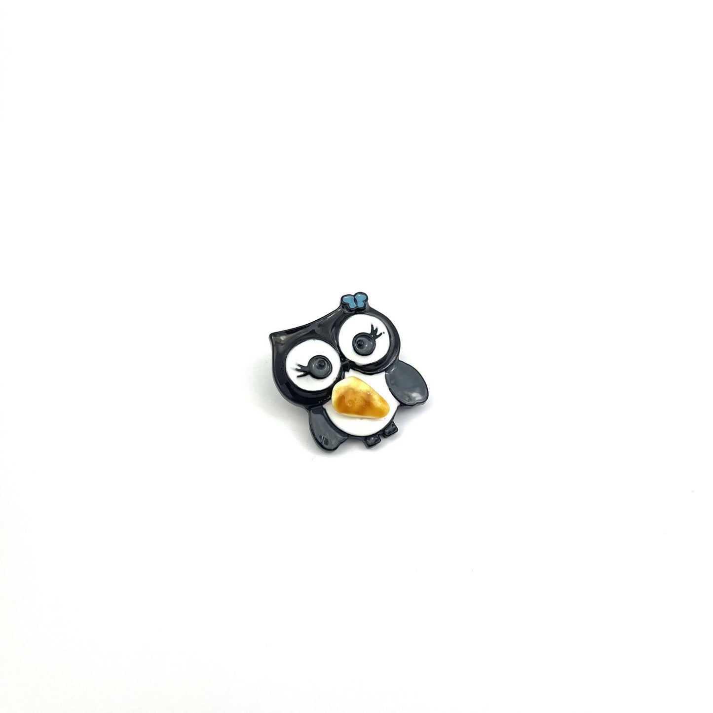 Blue Owl Brooch Decorated With Natural Baltic Amber Stone