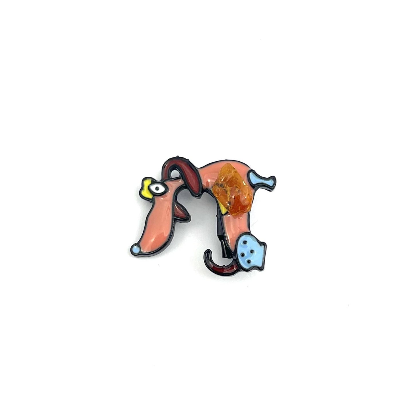 Pink Dog Brooch Decorated With Natural Baltic Amber Stone