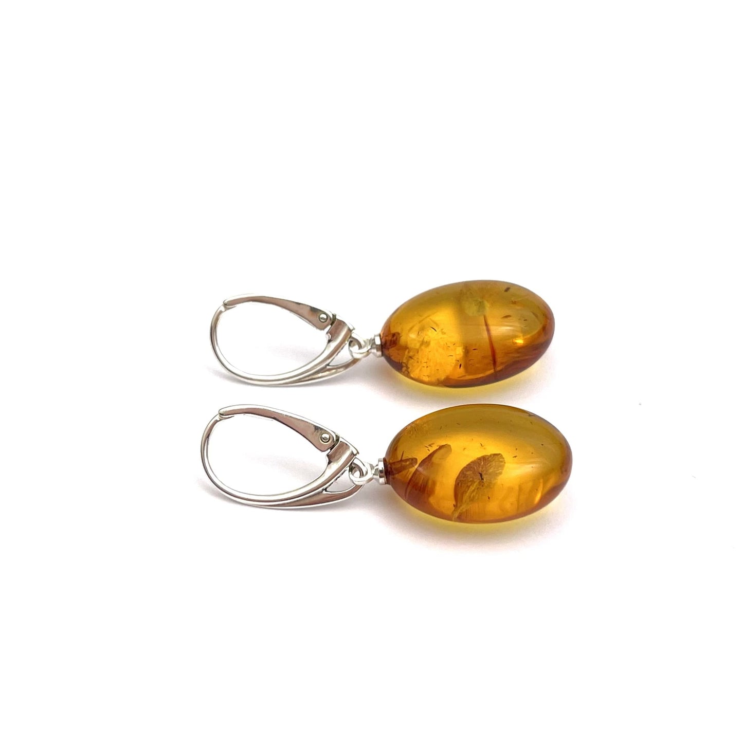Polished Amber Bean Shape Cognac Color Silver Earrings