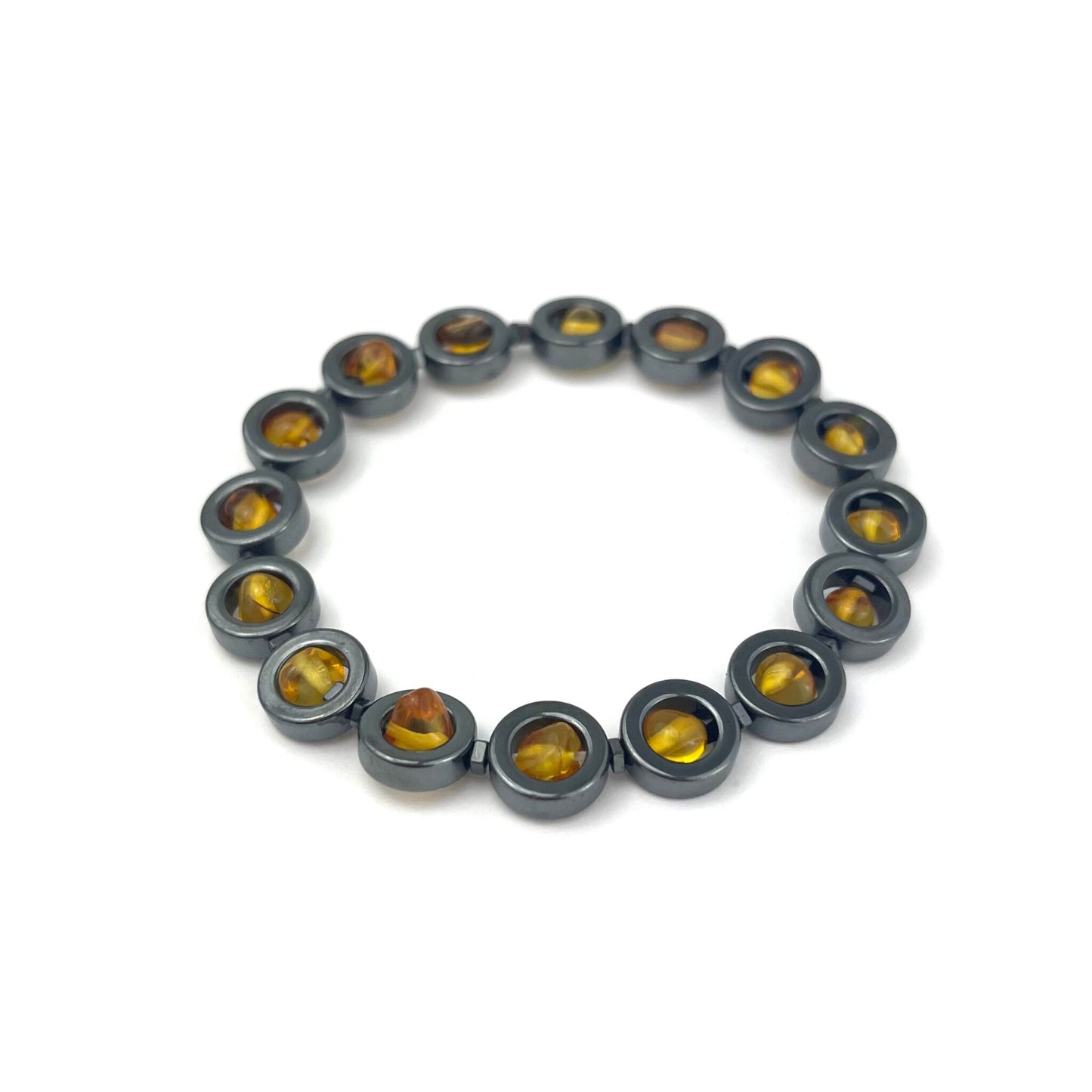 Polished Amber Beads and Hematite Stone Honey Color Bracelet