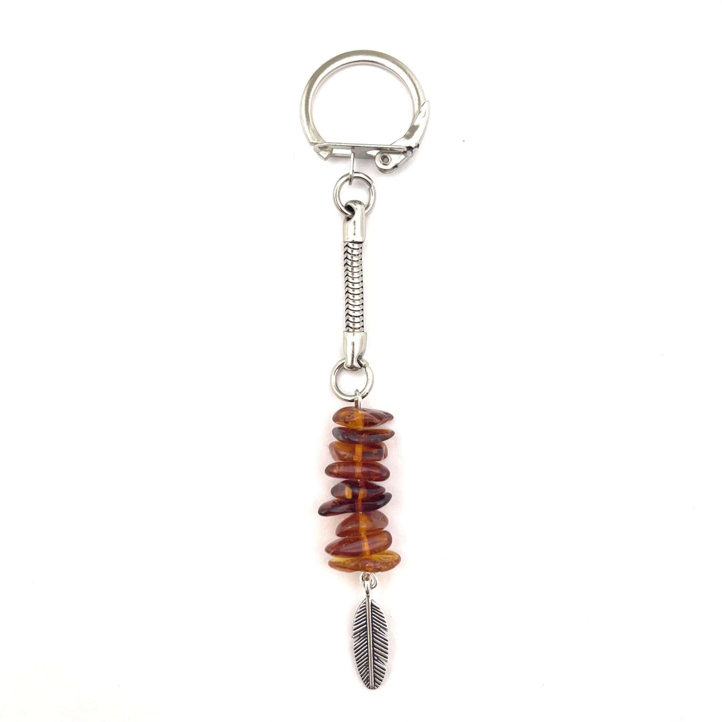Feather Keychain Decorated with Polished Cognac Color Amber