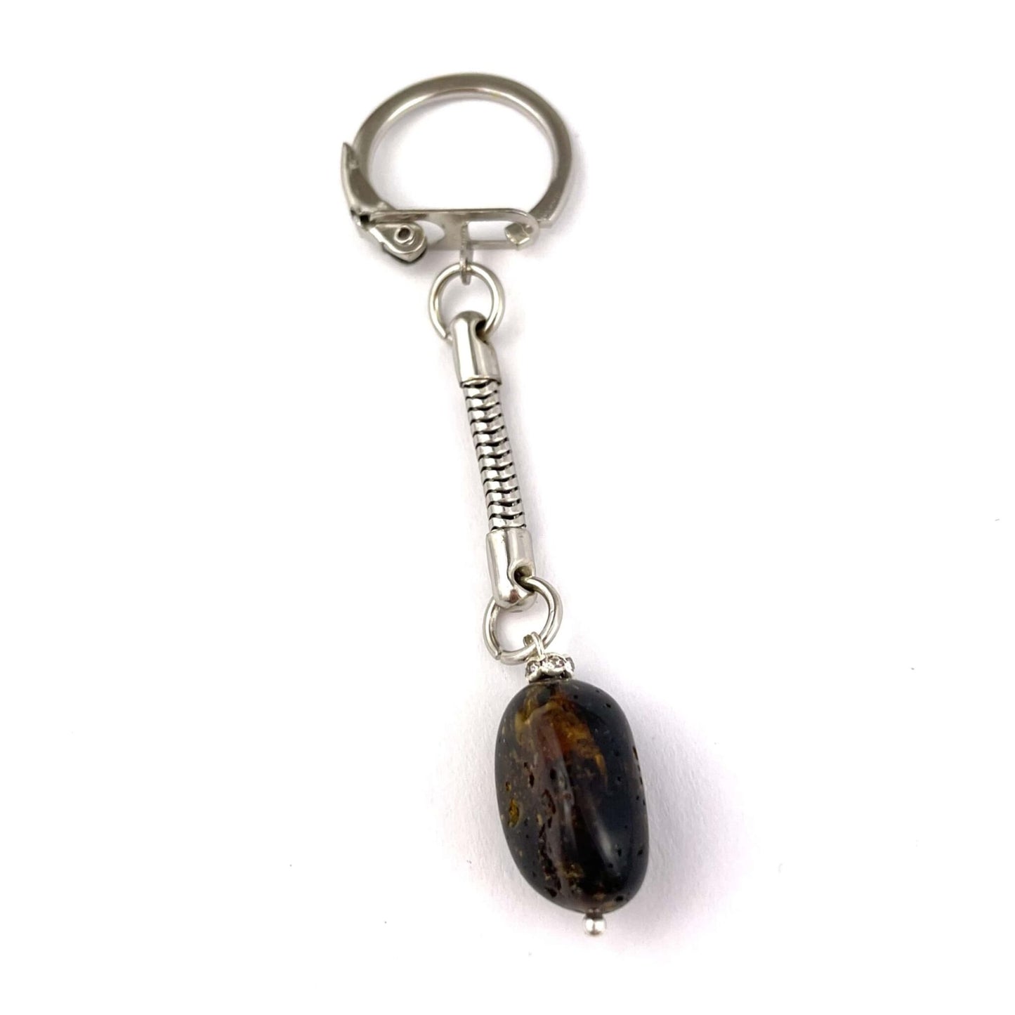 Bean Keychain Decorated with Polished Green Color Amber