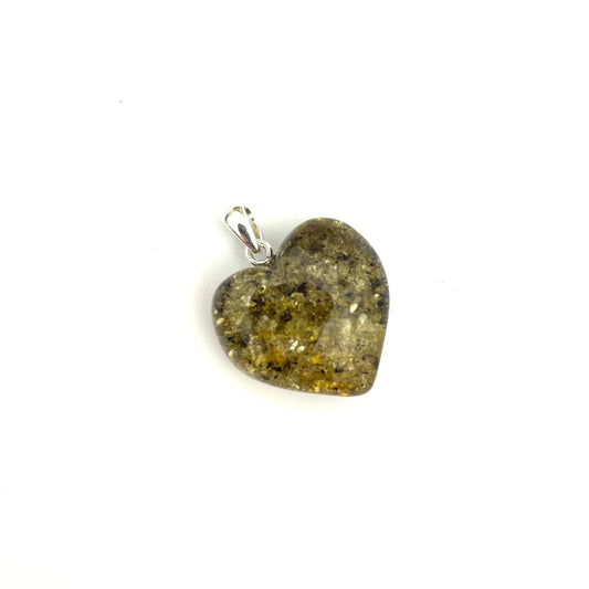 Polished Green Color Heart Silver Amber Pendant