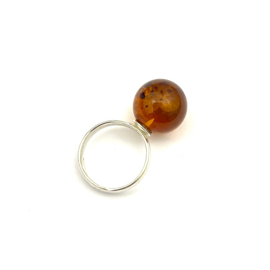 Polished Perfect Round Amber Stone Cognac Color Silver Ring