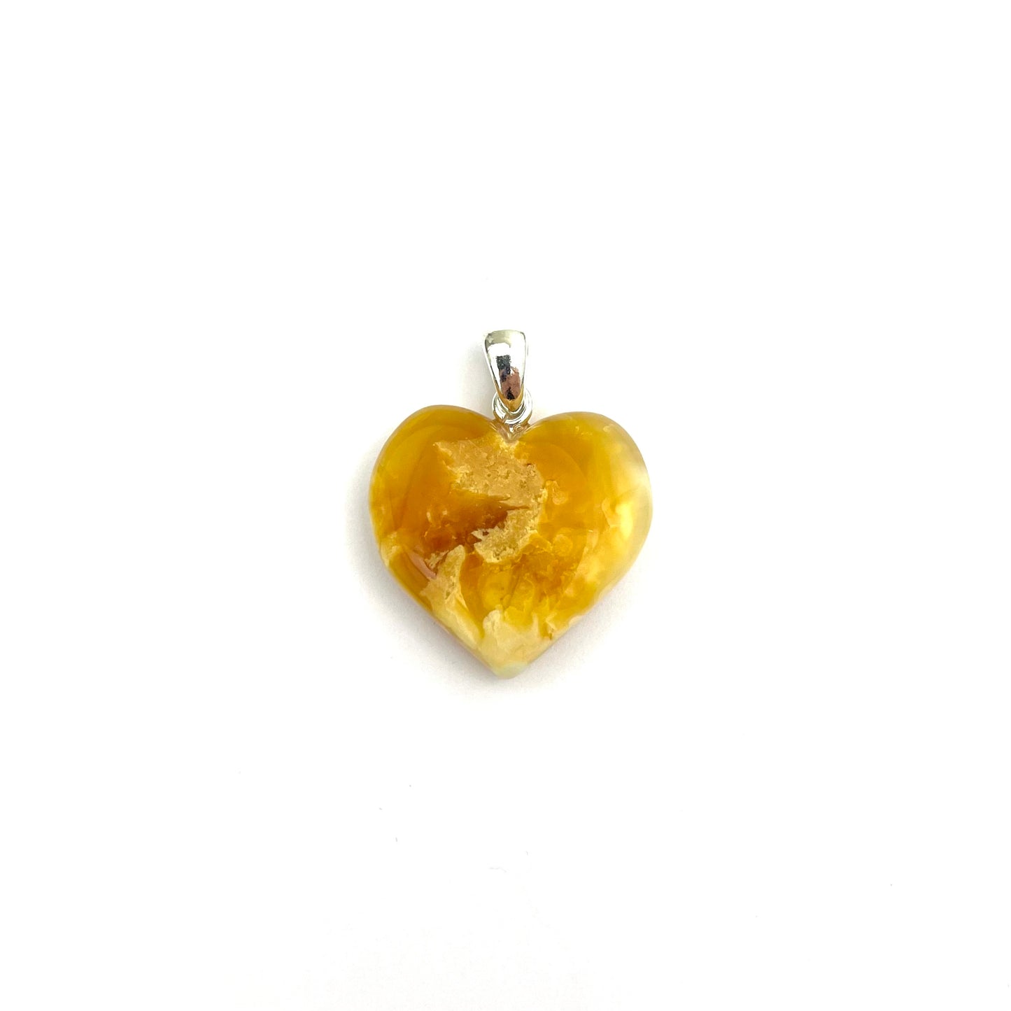 Polished Butter Color Heart Silver Amber Pendant