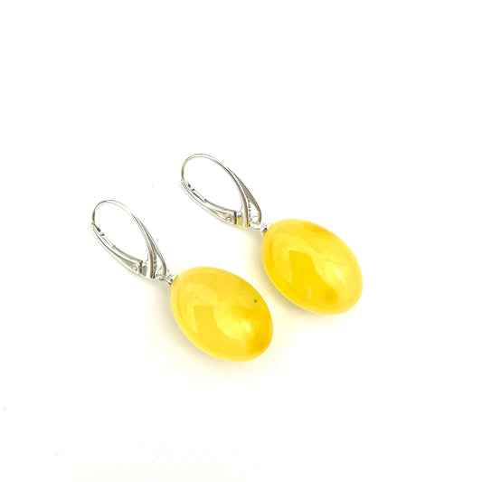 Polished Amber Bean Shape Butter Color Silver Earrings