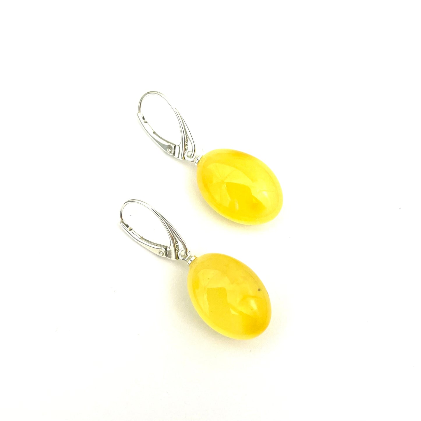Polished Amber Bean Shape Butter Color Silver Earrings