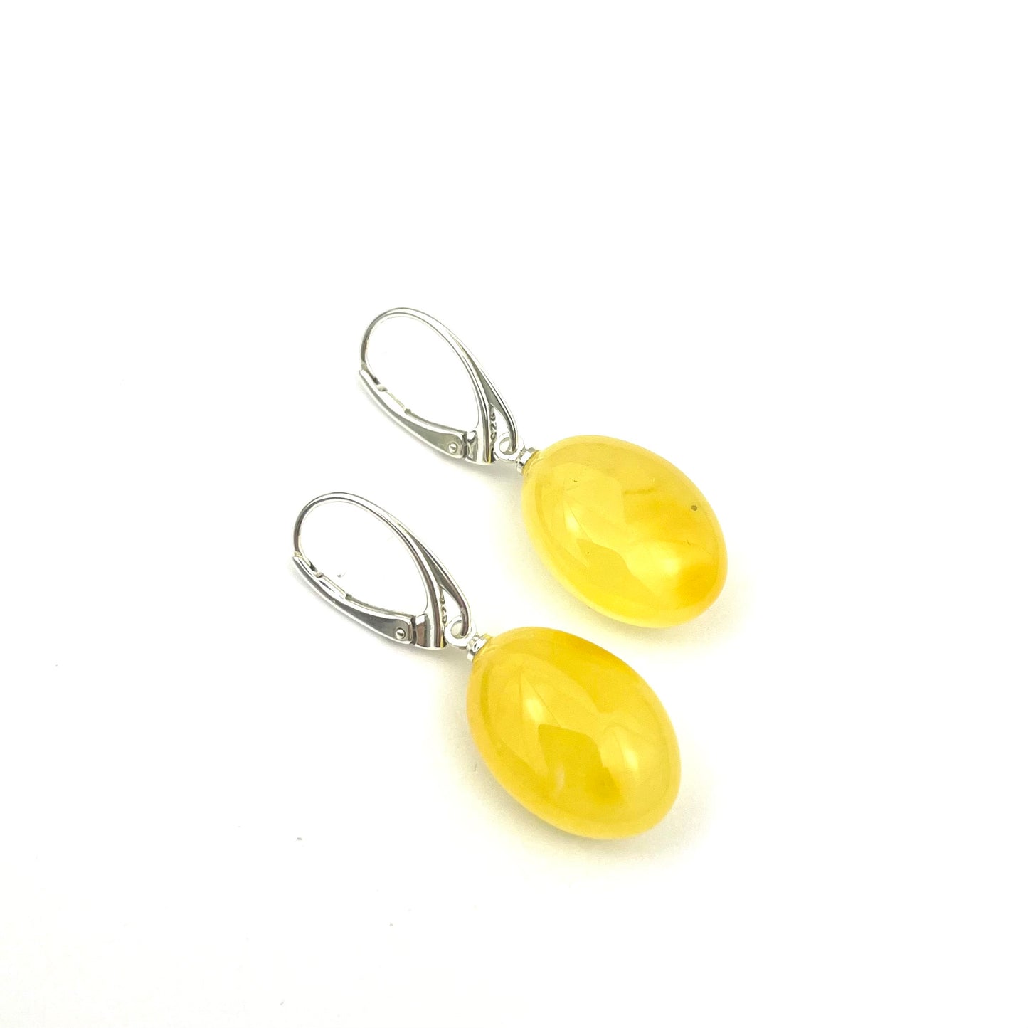 Polished Amber Bean Shape Butter Color Silver Earrings