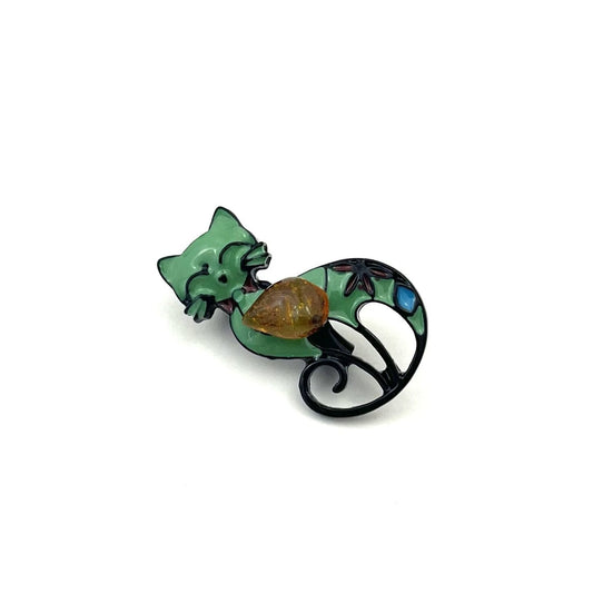 Green Brooch Decorated With Natural Baltic Amber Stone
