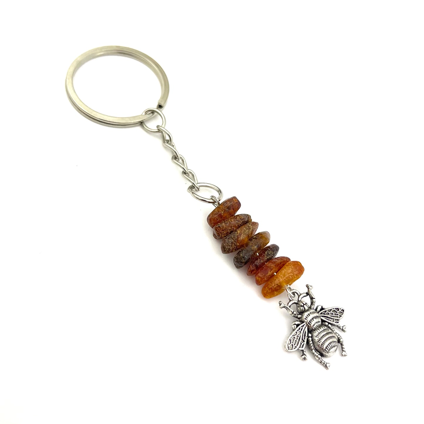 Bee Keychain Decorated with Polished Honey Color Amber