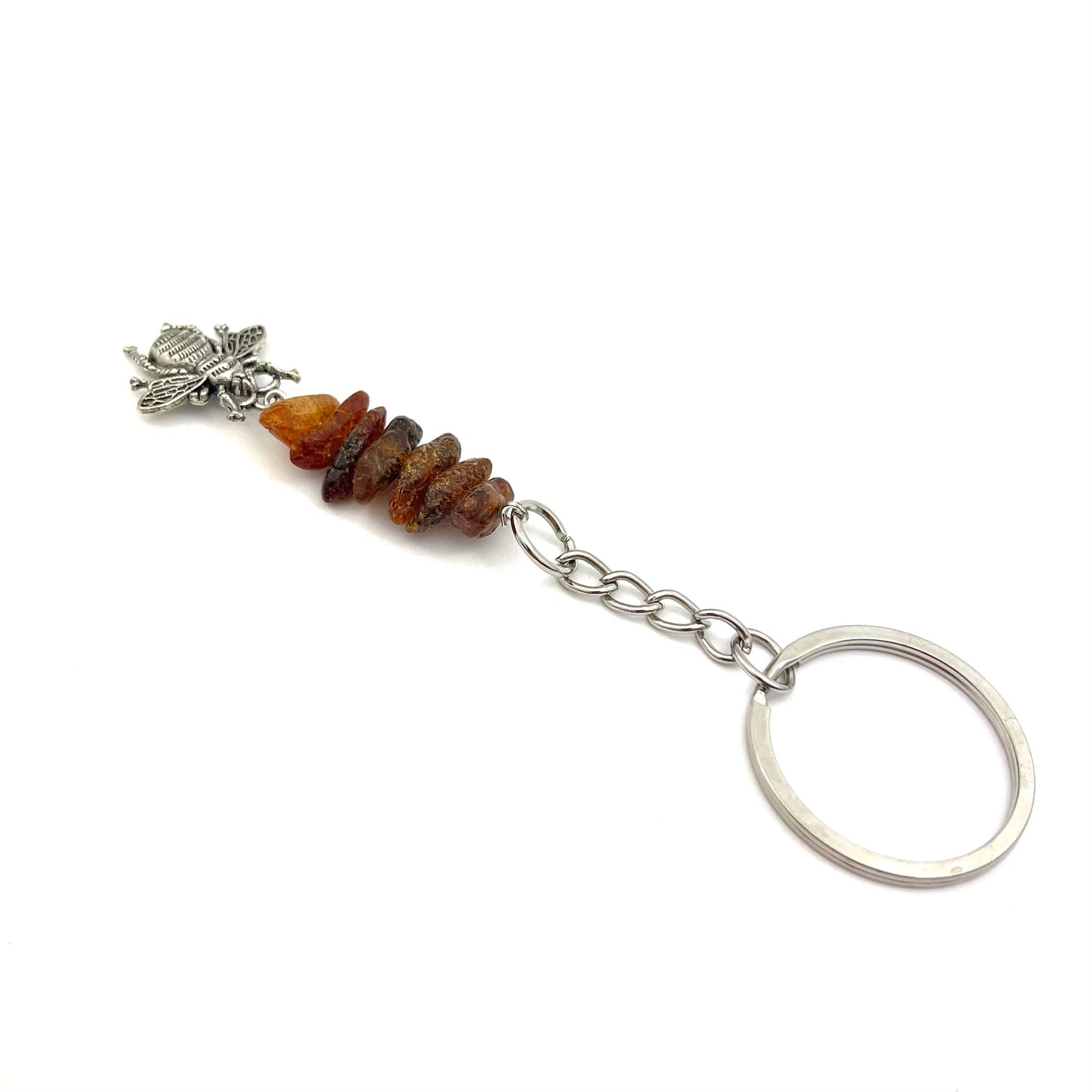 Bee Keychain Decorated with Polished Honey Color Amber