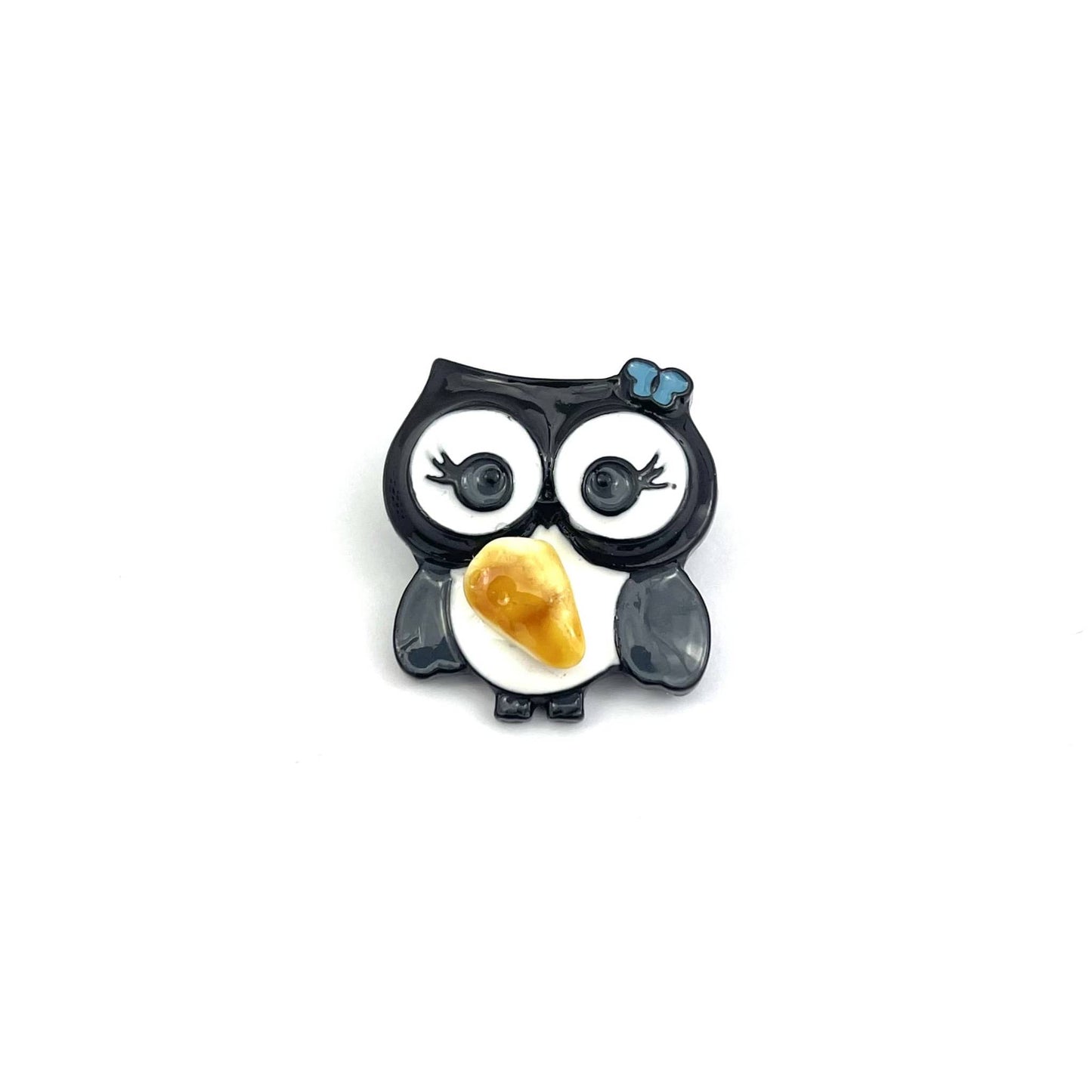 Black Owl Brooch Decorated With Natural Baltic Amber Stone