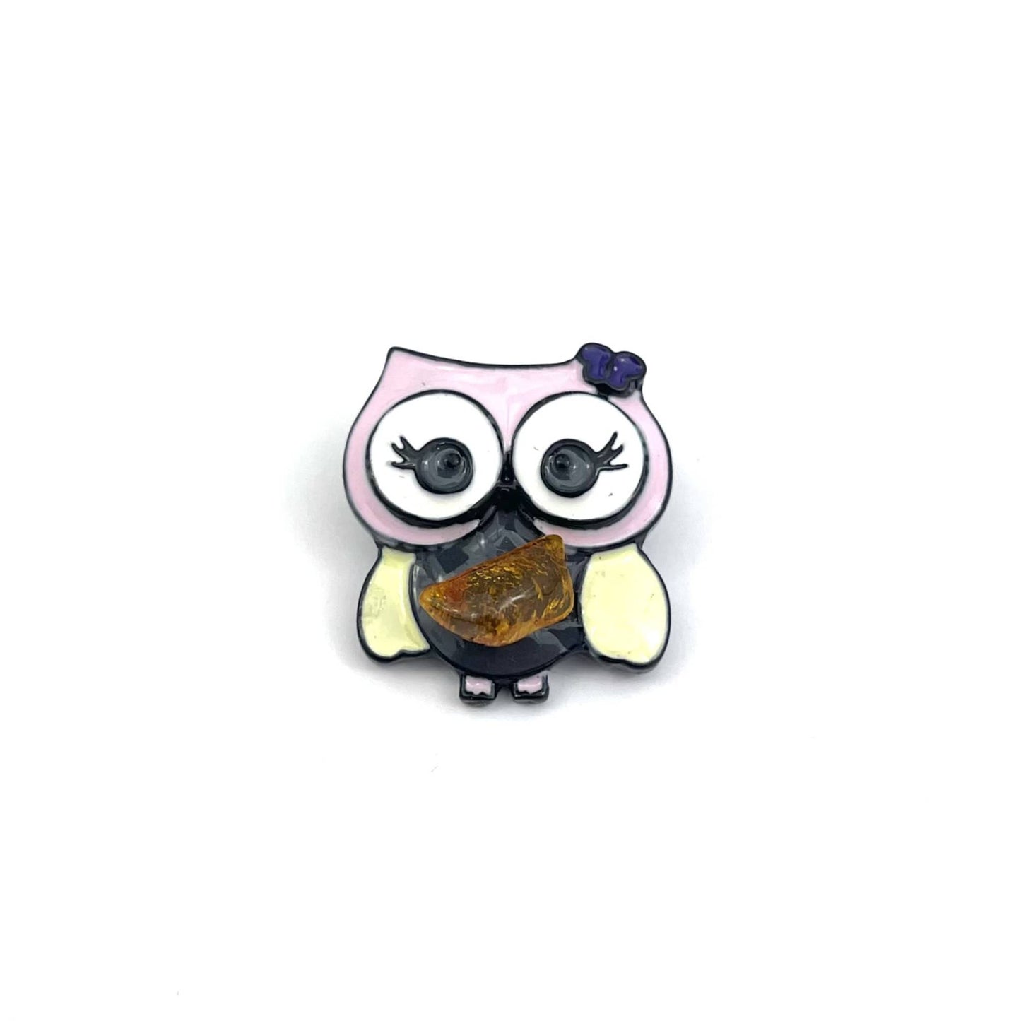 Pink Owl Brooch Decorated With Natural Baltic Amber Stone