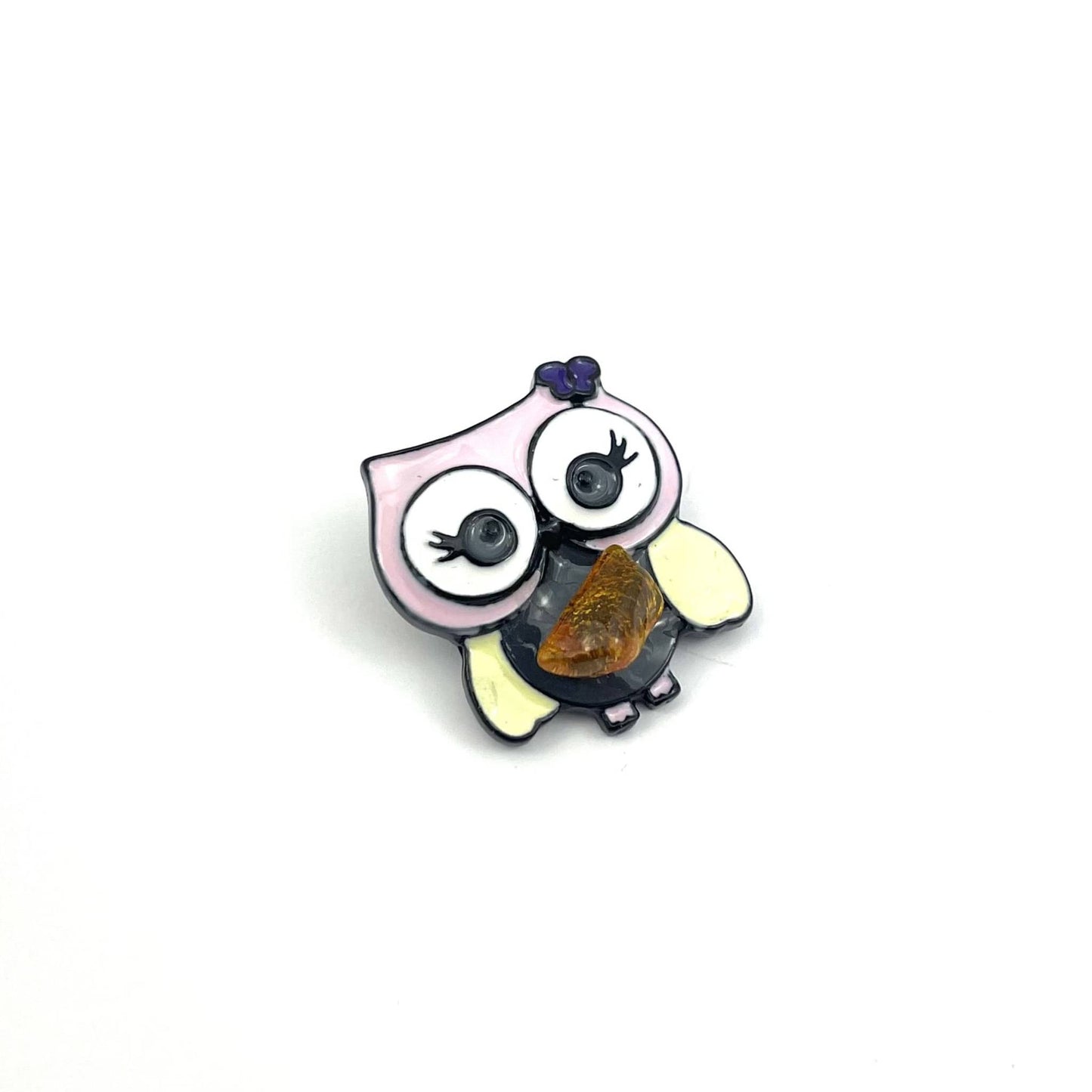 Pink Owl Brooch Decorated With Natural Baltic Amber Stone