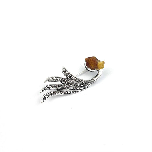 Feather Brooch Decorated With Natural Baltic Amber Stone