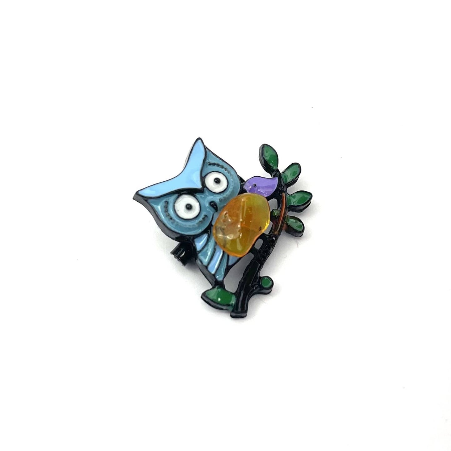 Blue Owl Brooch Decorated With Natural Baltic Amber Stone