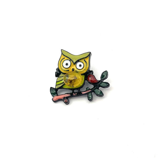 Green Owl Brooch Decorated With Natural Baltic Amber Stone