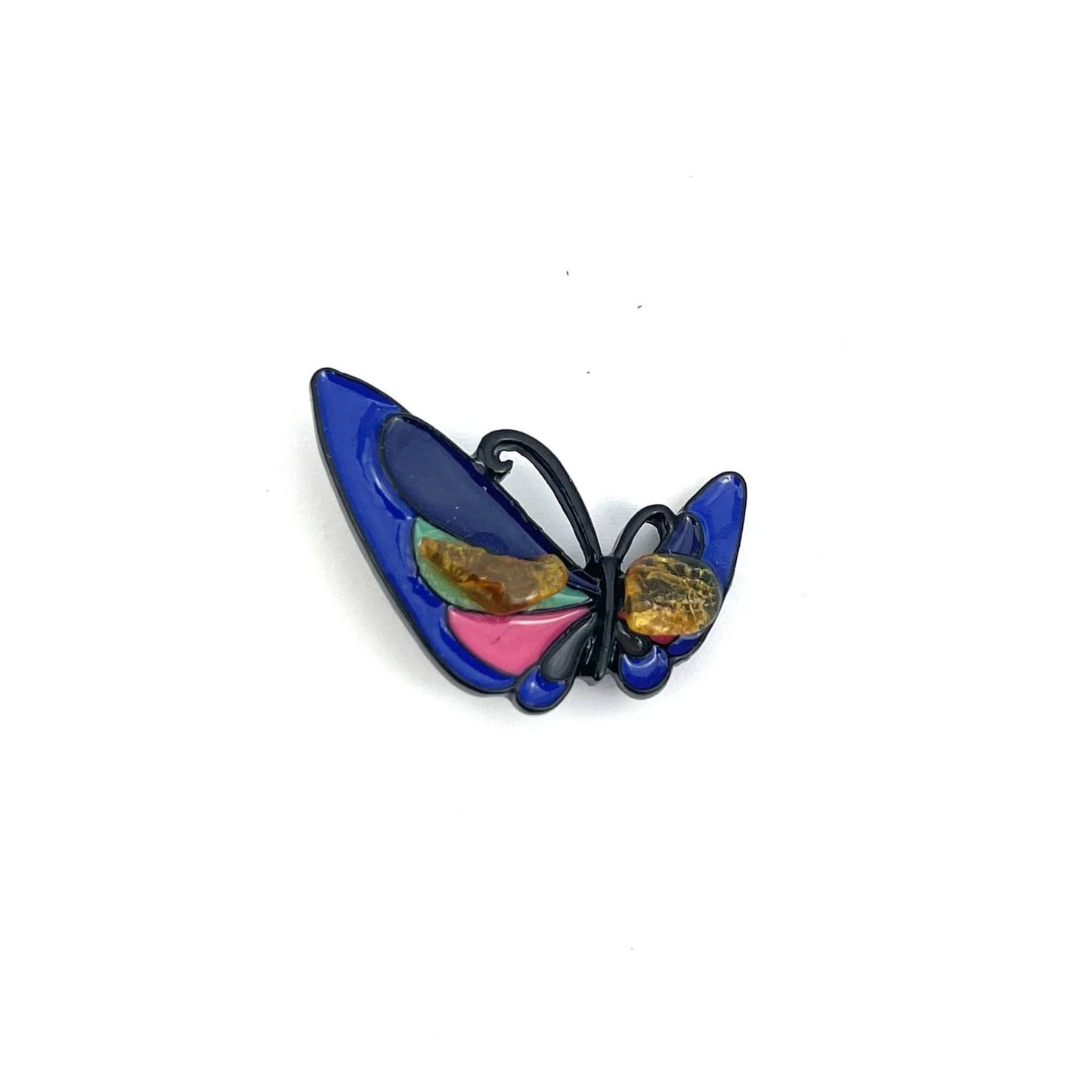 Blue Butterfly Brooch Decorated With Natural Baltic Amber Stone