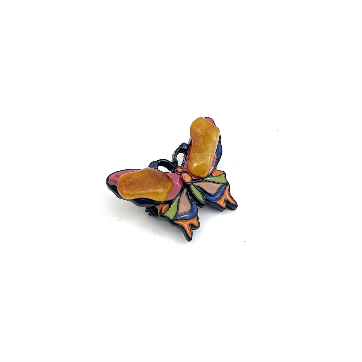 Pink Butterfly Brooch Decorated With Natural Baltic Amber Stone