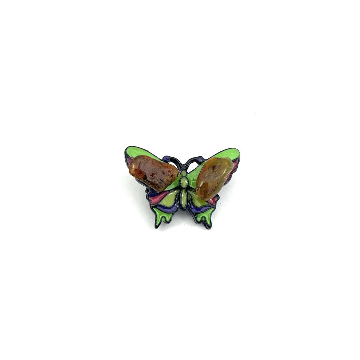 Green Butterfly Brooch Decorated With Natural Baltic Amber Stone