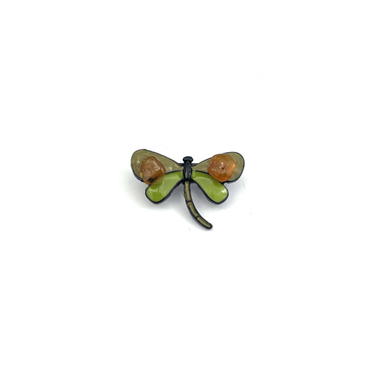 Green Dragonfly Brooch Decorated With Natural Baltic Amber Stone