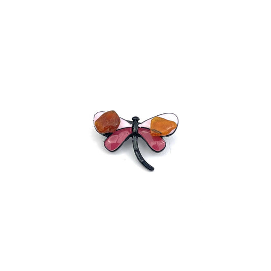 Pink Dragonfly Brooch Decorated With Natural Baltic Amber Stone