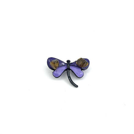 Purple Dragonfly Brooch Decorated With Natural Baltic Amber Stone