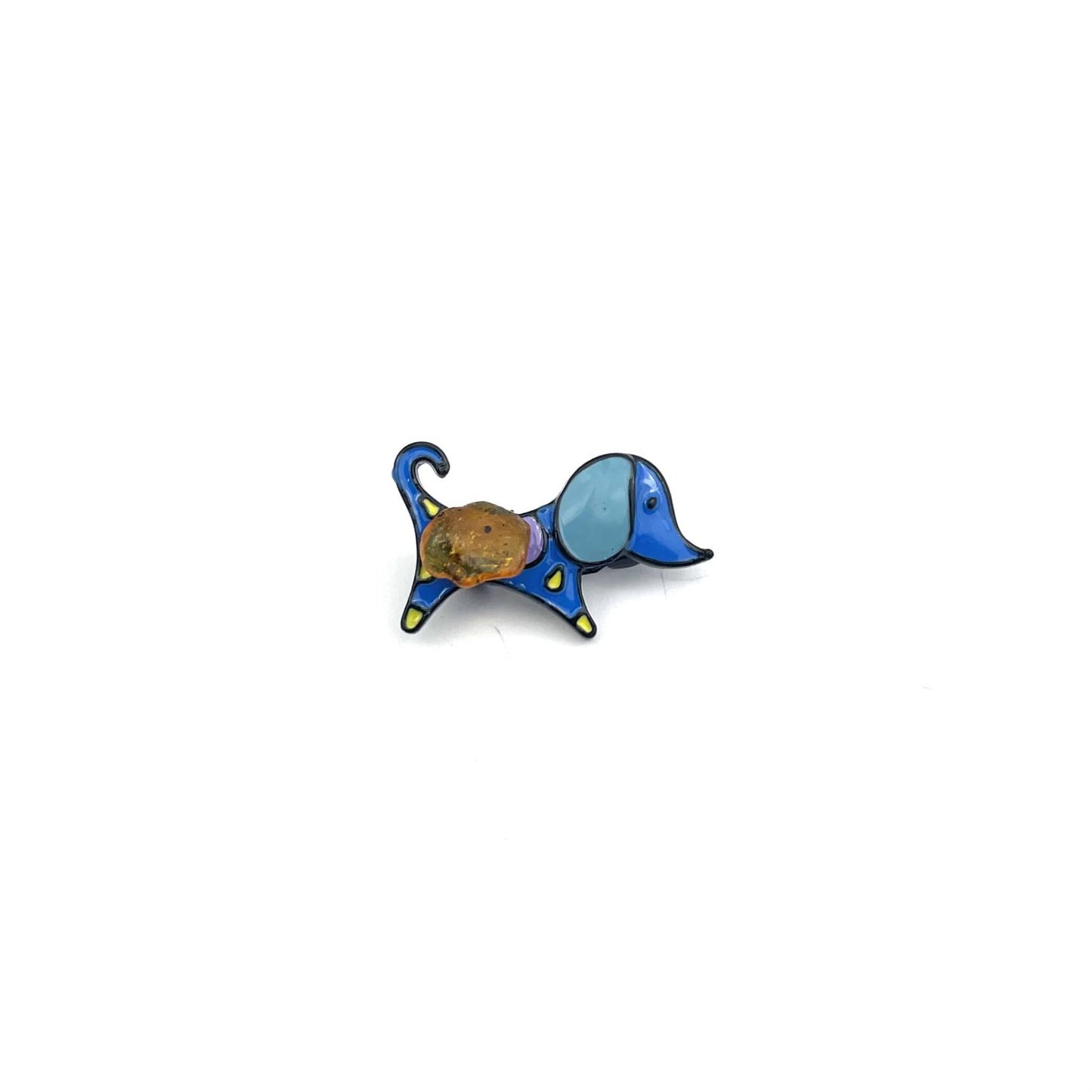 Blue Dog Brooch Decorated With Natural Baltic Amber Stone