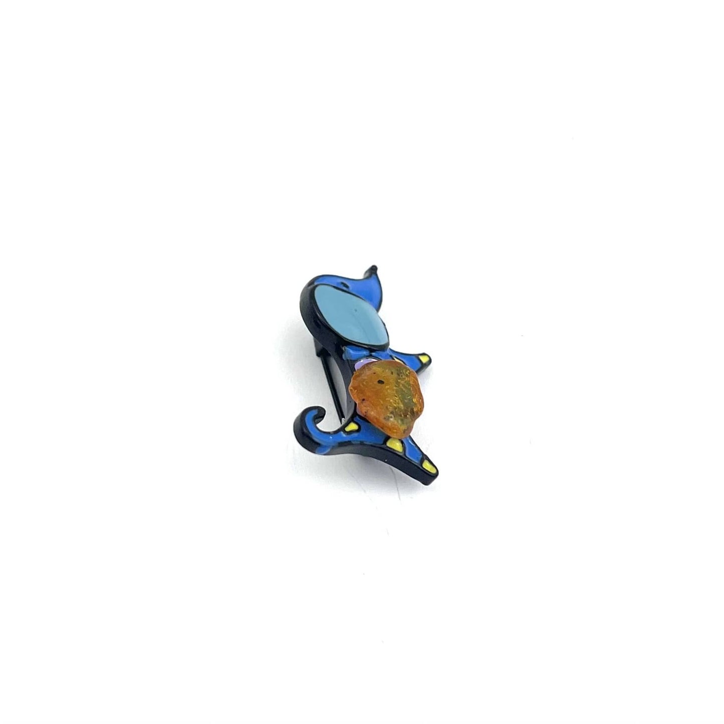 Blue Dog Brooch Decorated With Natural Baltic Amber Stone
