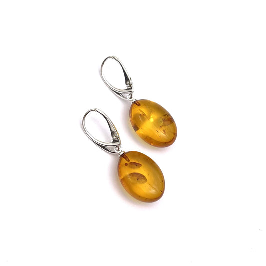 Polished Amber Bean Shape Cognac Color Silver Earrings