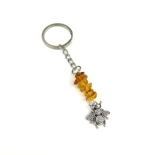 Bee Keychain Decorated with Polished Honey Color Amber