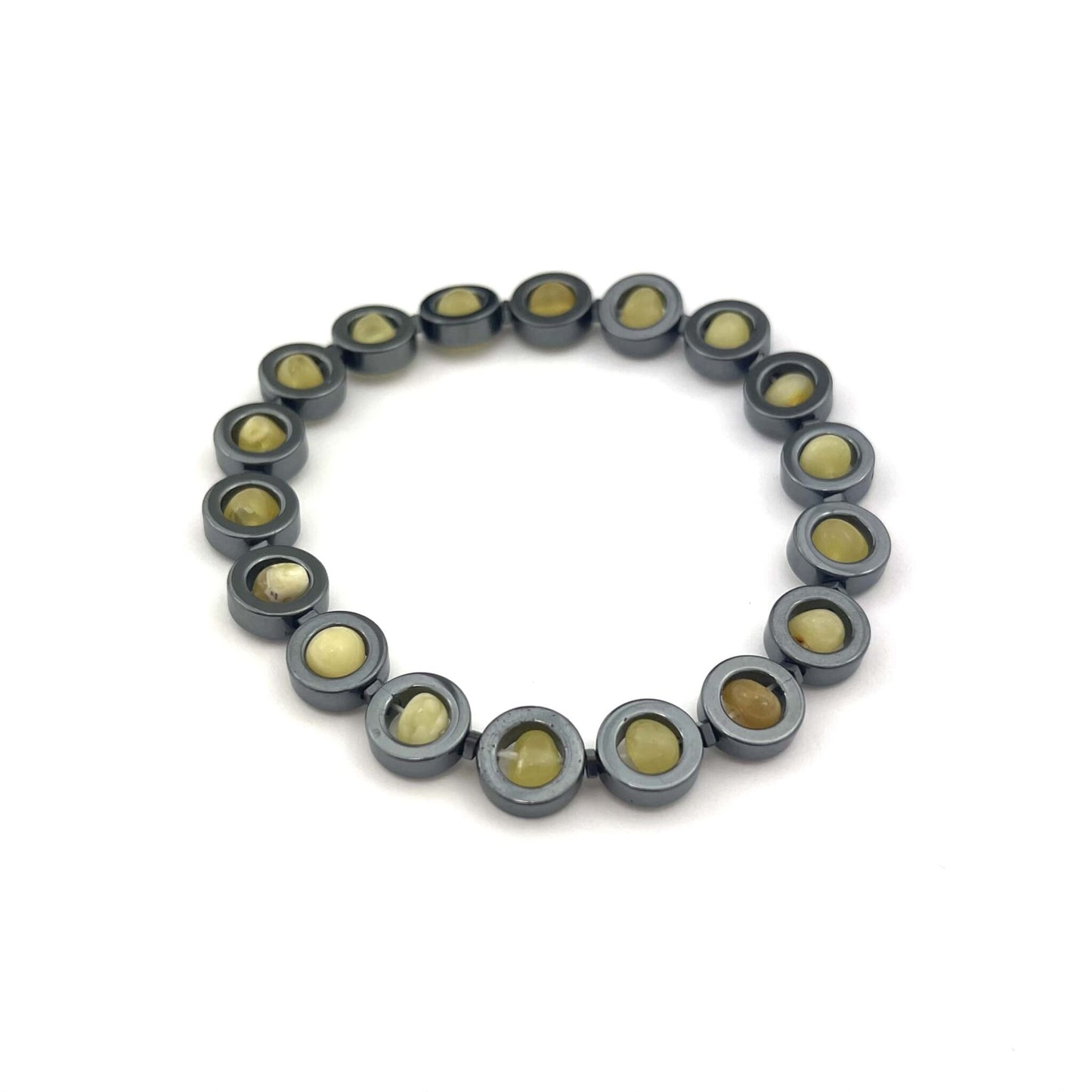 Polished Butter Color Hematite and Amber Bracelet