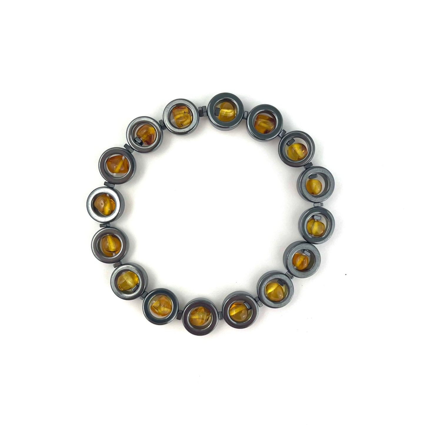 Polished Amber Beads and Hematite Stone Honey Color Bracelet