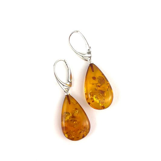 Polished Drop Shape Cognac Color Silver Earrings