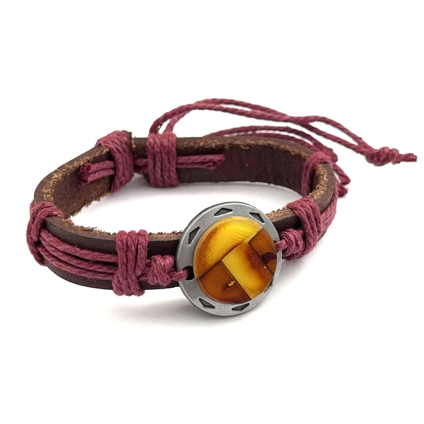 Leather Pink Bracelet with Polished Mosaic Amber