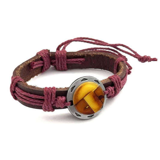 Leather Pink Bracelet with Polished Mosaic Amber