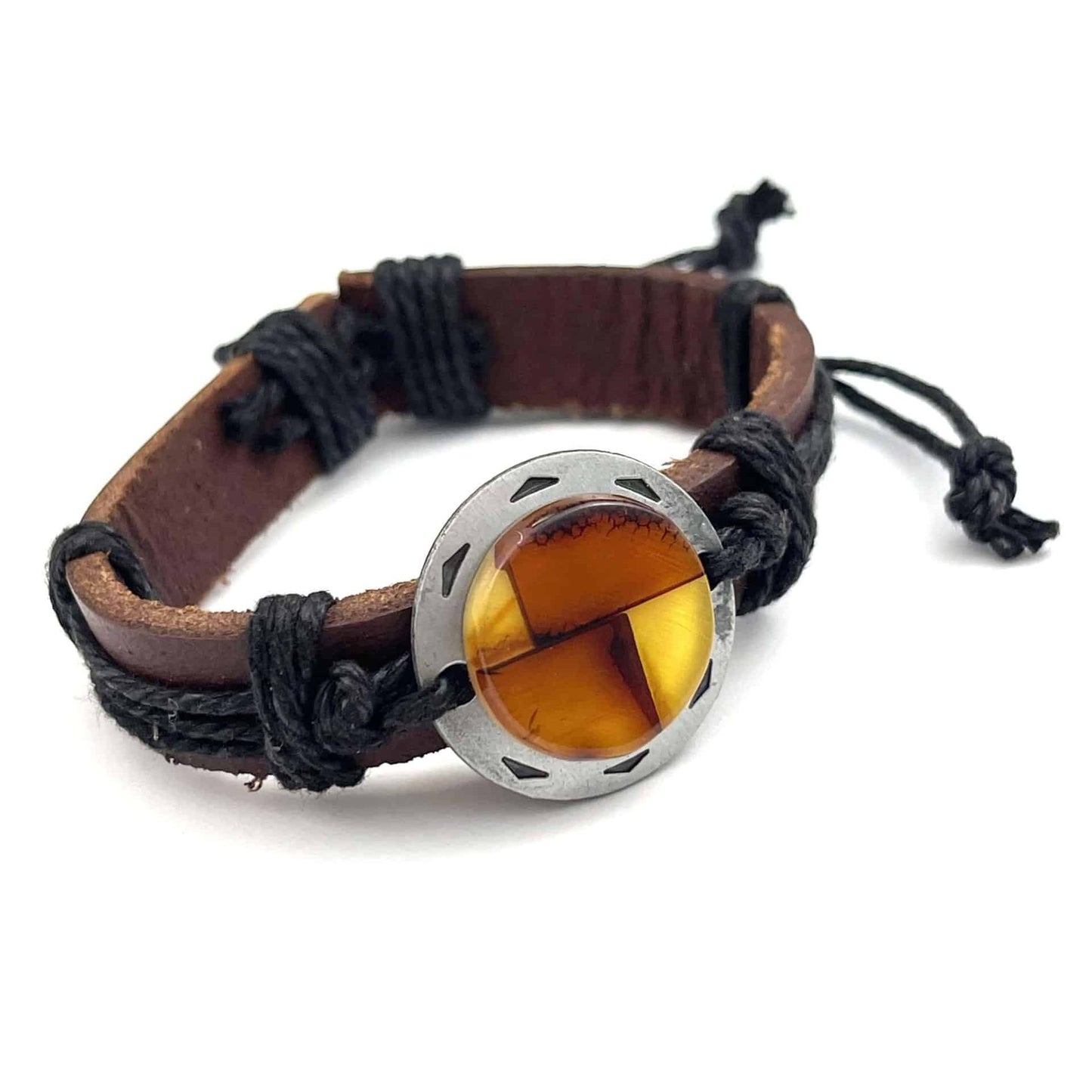 Leather Black Bracelet with Polished Mosaic Amber