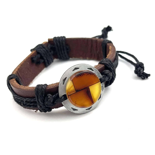 Leather Black Bracelet with Polished Mosaic Amber