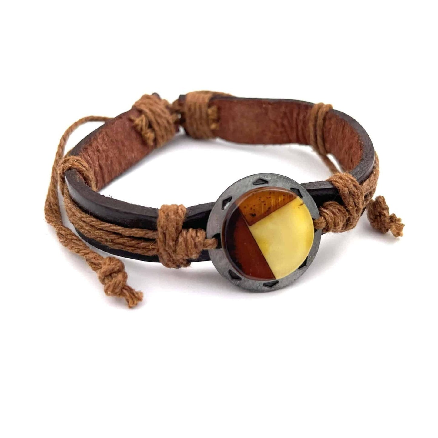 Leather Brown Bracelet with Polished Mosaic Amber