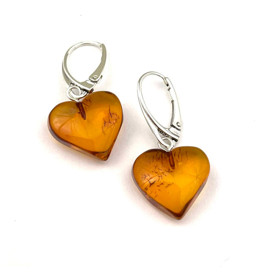 Polished Heart Shaped Cognac Color Silver Earrings