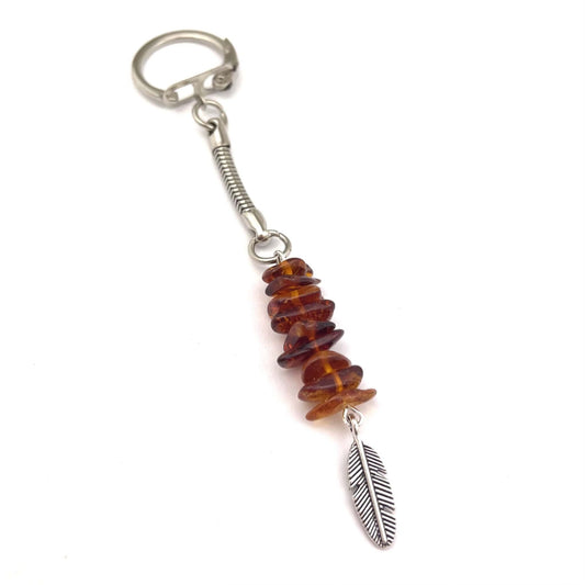 Feather Keychain Decorated with Polished Cognac Color Amber