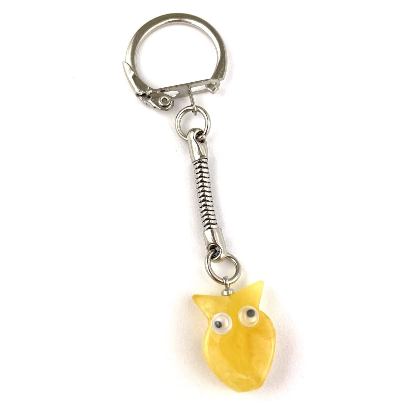 Owl Keychain Decorated with Polished Butter Color Amber